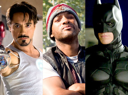 Will Smith, Hancock, Robert Downey Jr, Iron Man, Christian Bale, The Dark Knight Will Smith, Hancock, Robert Downey Jr, Iron Man, Christian Bale, The Dark Knight