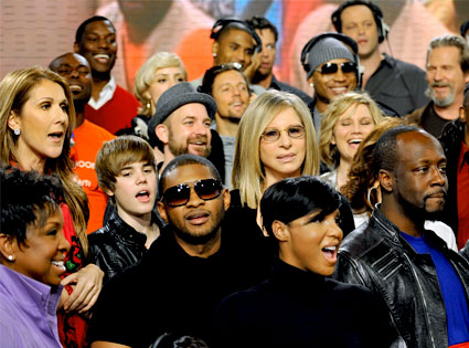 Celine Dion, Gladys Knight, Justin Bieber, Usher, Kristian Bush, Barbra Streisand, LL Cool J, Harry Connick Jr., Wyclef Jean, Vince Vaughn, Jeff Bridges, Toni Braxton, We are the World Celine Dion, Gladys Knight, Justin Bieber, Usher, Kristian Bush, Barbra Streisand, LL Cool J, Harry Connick Jr., Wyclef Jean, Vince Vaughn, Jeff Bridges, Toni Braxton, We are the World
