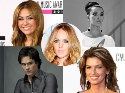 Miley Cyrus, Kim Kardashian, Ian Somerhalder, Shania Twain, Lindsay Lohan Miley Cyrus, Kim Kardashian, Ian Somerhalder, Shania Twain, Lindsay Lohan