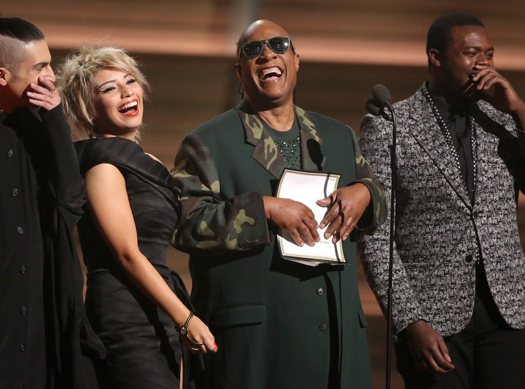 Stevie Wonder, Mitch Grassing, Kristin Maldonado, Kevin Olusola, Pentatonix, 2016 Grammy Awards, Show Stevie Wonder, Mitch Grassing, Kristin Maldonado, Kevin Olusola, Pentatonix, 2016 Grammy Awards, Show
