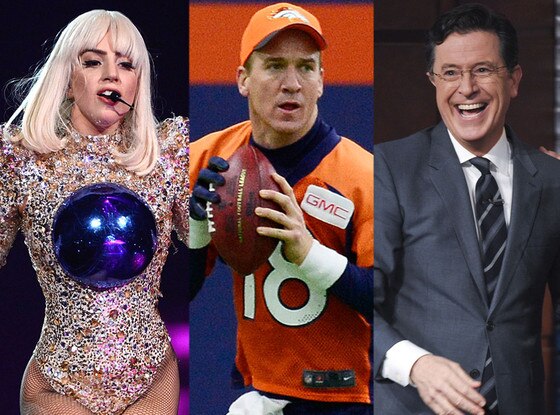 Lady Gaga, Peyton Manning, Stephen Colbert Lady Gaga, Peyton Manning, Stephen Colbert