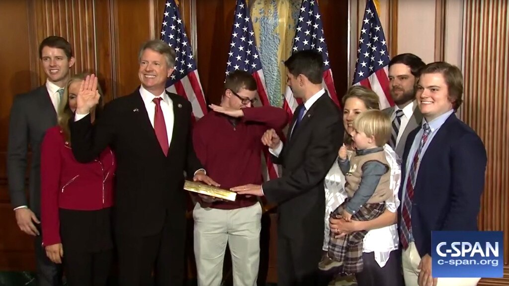 Cal Marshall dabs at the swearing in of his father, Roger Marshall (R-Kansas), earning himself a grounding by dad and the adoration of classmates for the rest of his high school years.