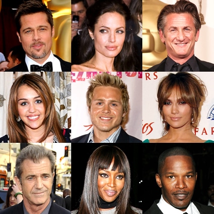 Brad Pitt, Angelina Jolie, Sean Penn, Miley Cyrus, Spencer Pratt, Jennifer Lopez, Mel Gibson, Naomi Campbell, Jamie Foxx