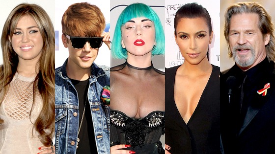 Miley Cyrus, Justin Bieber, Lady Gaga, Kim Kardashian, Jeff Bridges