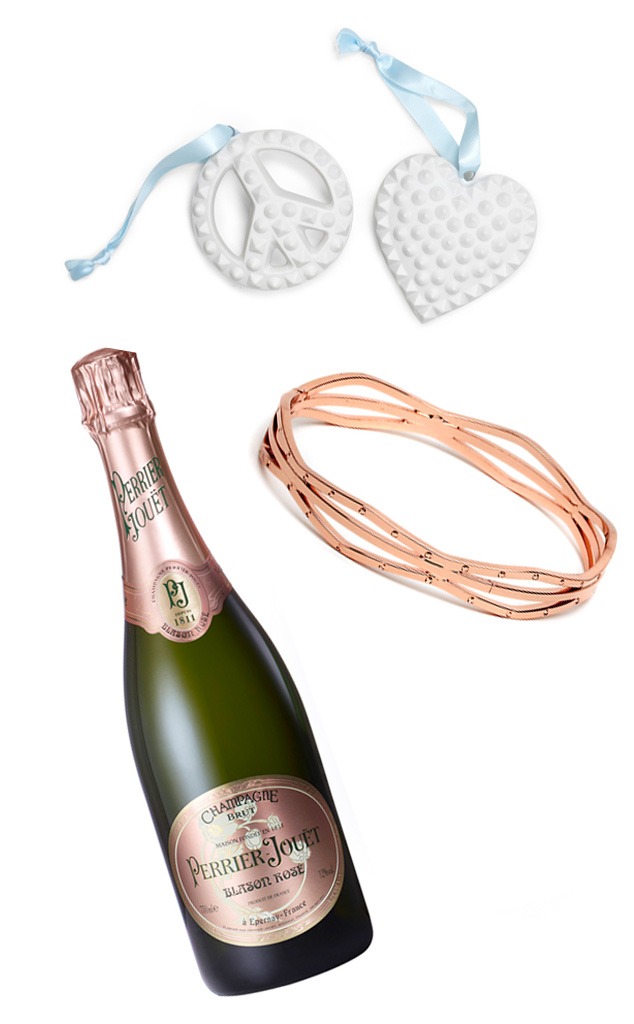 Perrier-Jouet Champagne, Park Lane Rose Gold, Jonathan Adler Charade Peace and Love Ornaments