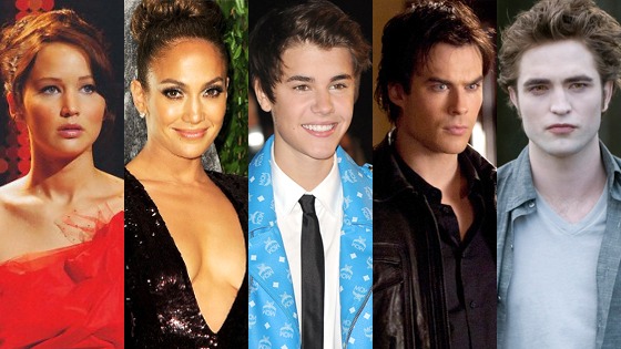 Jennifer Lawrence, Robert Pattinson, Ian Somerhalder, Jennifer Lopez, Justin Bieber