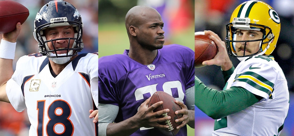 Peyton Manning, Denver Broncos, Adrian Peterson, Minnesota Vikings, Aaron Rodgers, Green Bay Packers