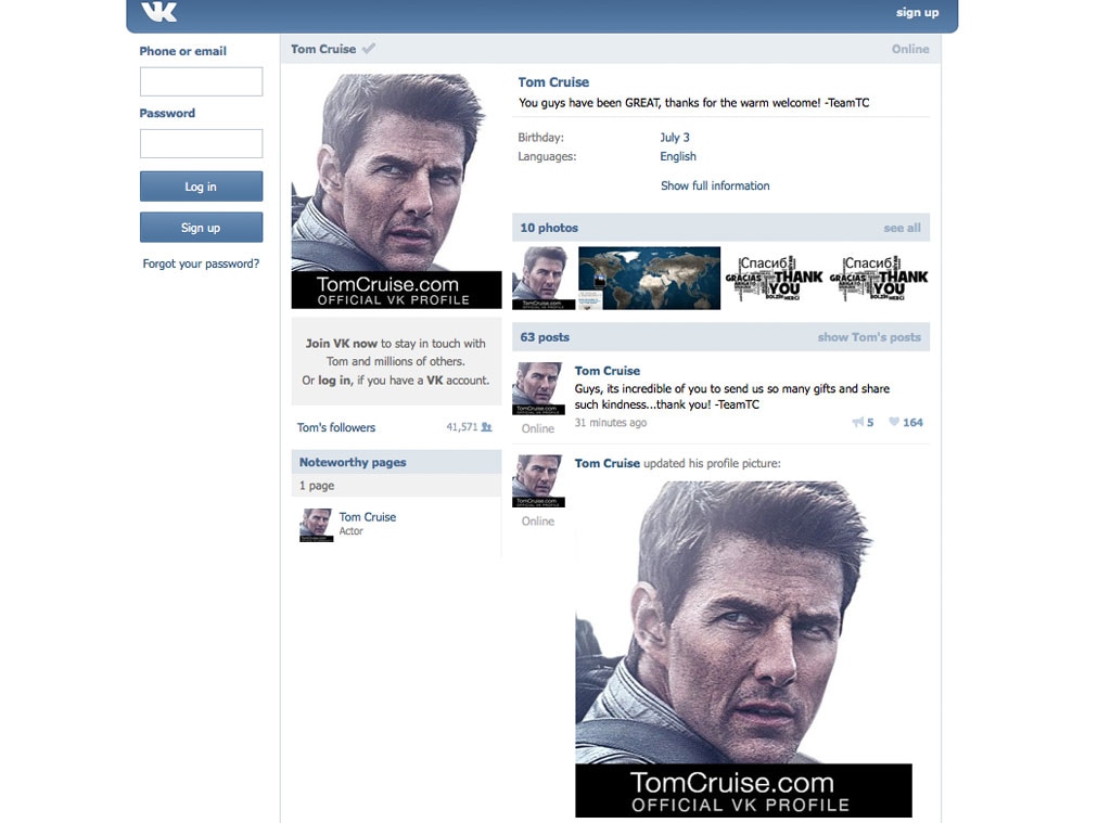 Tom Cruise, VK Profile