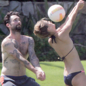 Adam Levine Goes Shirtless While Playing Volleyball With Girlfriend—See