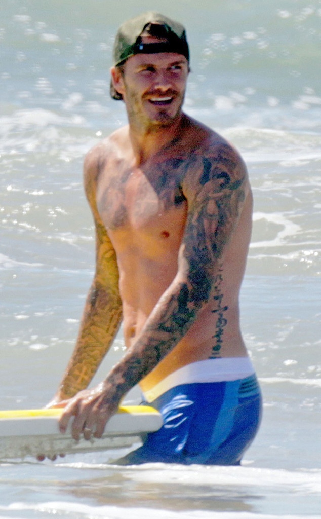 David Beckham Shows Off New Chest Tattoo at the Beach - E! Online