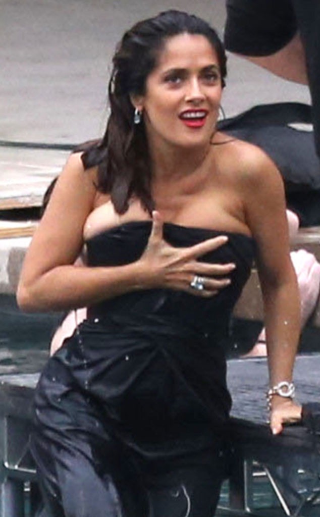 Salma Hayek Barely Avoids Wardrobe Malfunction During Wet Photo