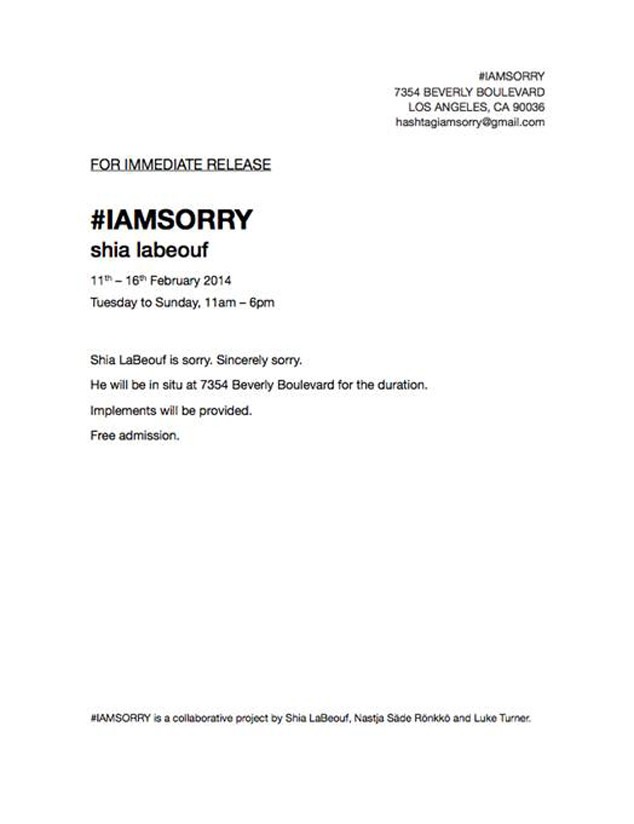 Shia LaBeouf, #IAMSORRY invite