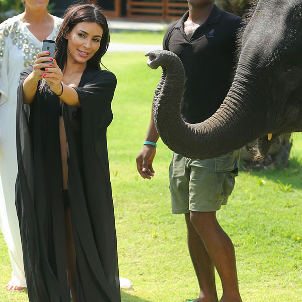 Kim Takes Selfies With Elephant, Gets Scared! See the Vacation Pics