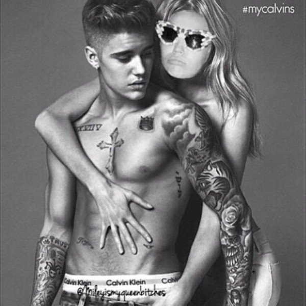 Lol Miley Makes Fun Of Bieber S Calvin Klein Ad See The Pic E Online