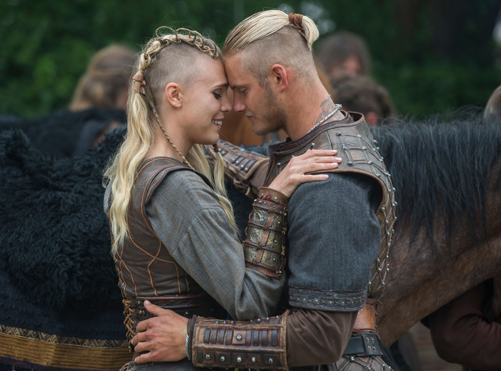 note the hair Alexander Ludwig as Bjorn and Gaia Weiss as Porunn, his  shield maiden wife in #Viking #HistoryCha…
