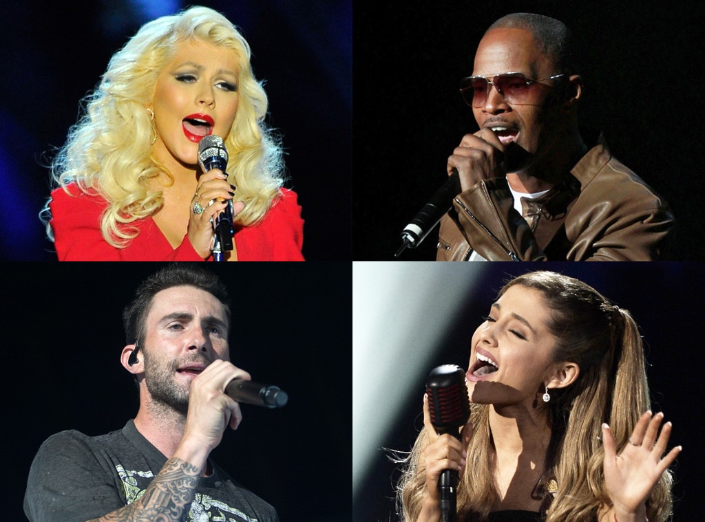 Christina Aguilera, Jaime Fox, Ariana Grande, Adam Levine
