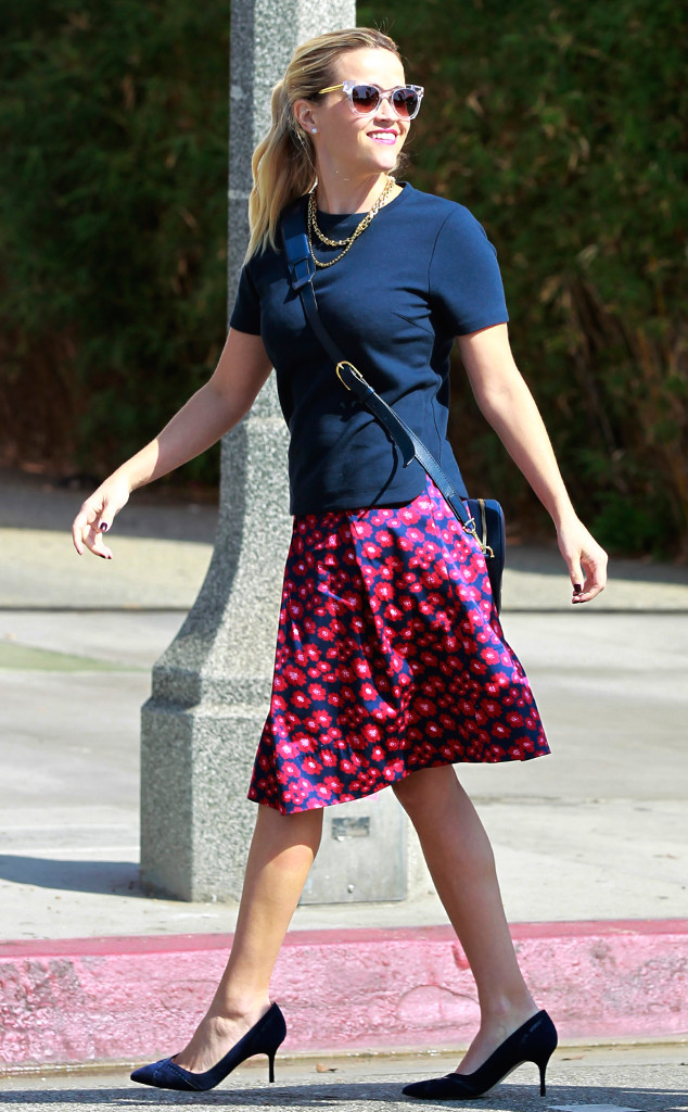 Reese Witherspoon in navy floral shirt dress in Santa Monica on