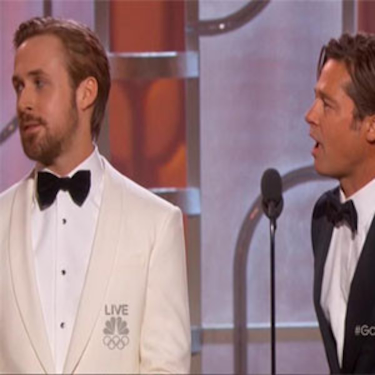 Ryan Gosling Pouts About Sharing Golden Globes Stage With Brad Pitt E Online Ryan Gosling Pouts About Sharing Golden Globes Stage With Brad Pitt E Online