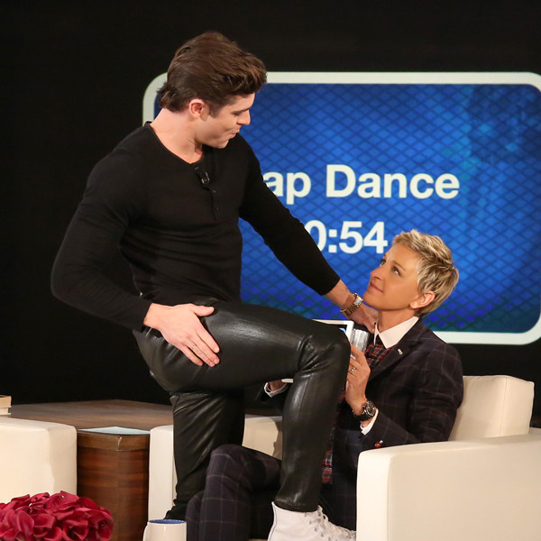 Zac Efron Twerks in Leather Pants, Gives Ellen DeGeneres a Lap Dance