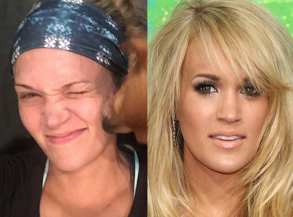Picture of Carrie Underwood not wearing makeup wearing a black shirt outside