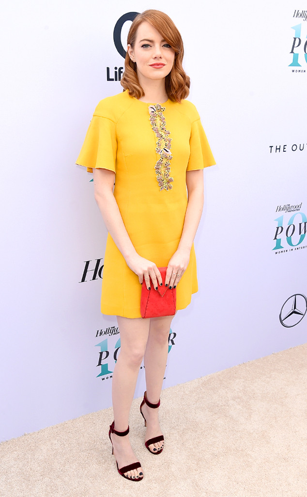 See Emma Stone Look Effortlessly Chic in a Yellow Top and Tiered Skirt