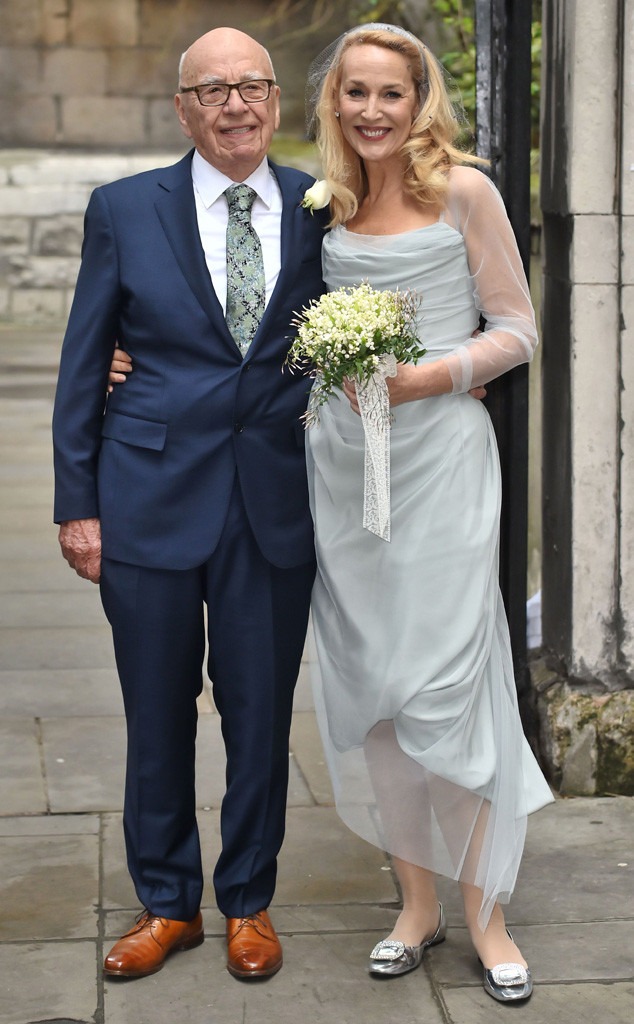 Jerry Hall Wears Blue Wedding Dress as She & Rupert Murdoch Celebrate