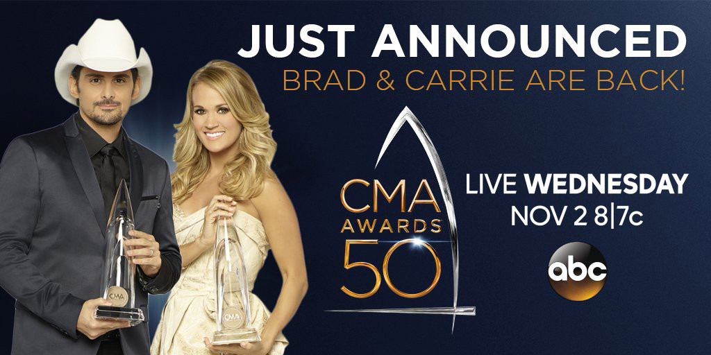 BRAD PAISLEY AND CARRIE UNDERWOOD RETURN TO HOST THE 49th ANNUAL CMA  AWARDS LIVE FROM NASHVILLE ON THE ABC TELEVISION NETWORK