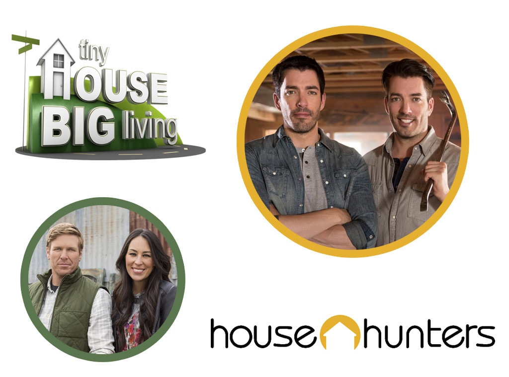 HGTV Bracket, Fixer Upper, House Hunters logo, Property Brothers, Tiny House Big Living logo