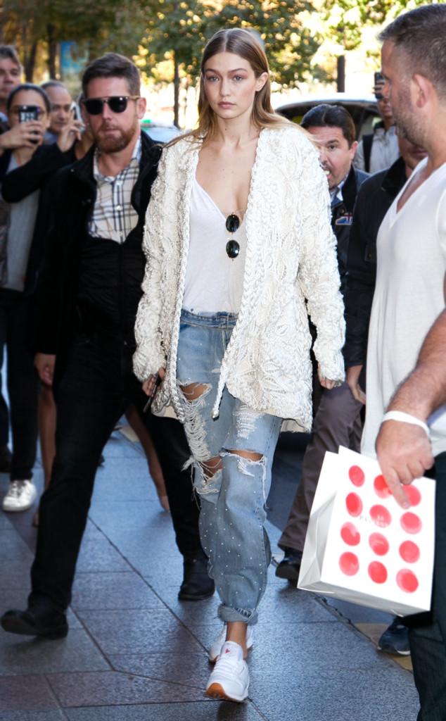 Gigi Hadid outfit of the day pink trousers