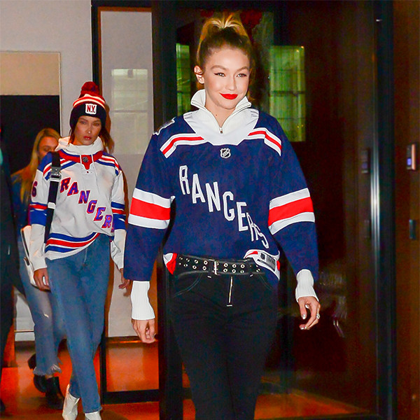 Gigi and Bella Hadid Dress up Rangers Gear at Hockey Game