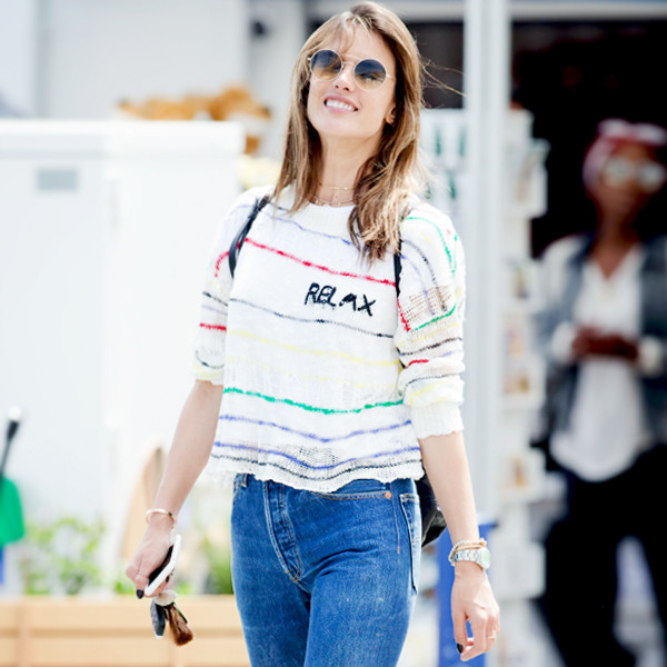 Alessandra Ambrosio, Cream Sweater, Woolen, Blue Jeans, White