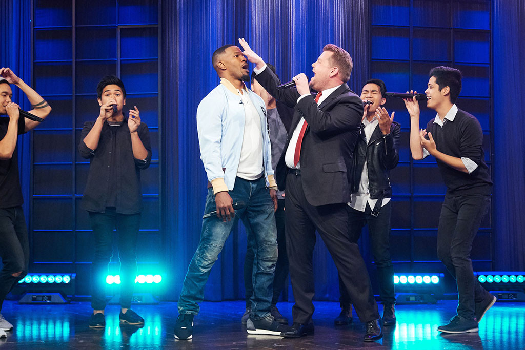 James Corden, Jamie Foxx and Ansel Elgort Battle in an