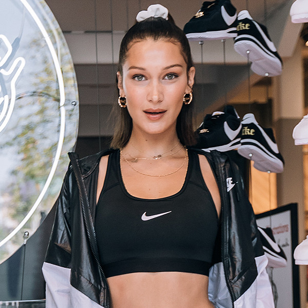 Bella Hadid Goes Sporty in Track Pants and Sports Bra with Black