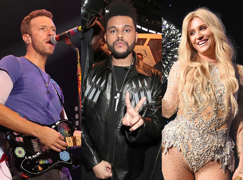Chris Martin, Coldplay, The Weeknd, Kesha