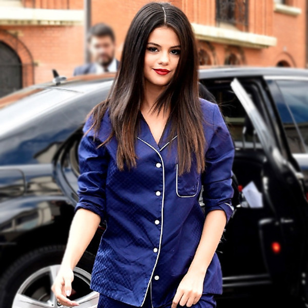 Selena Gomez wearing Grey Plaid Sheath Dress, White Leather Low