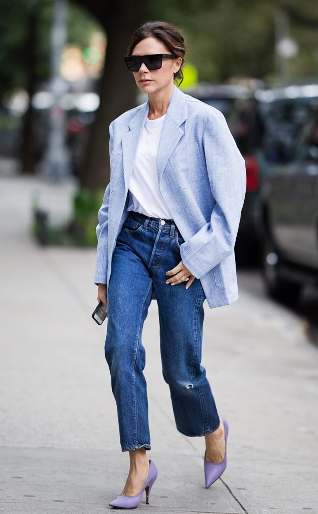 Victoria Beckham Wears White T-Shirt and Blue Pants | POPSUGAR Fashion