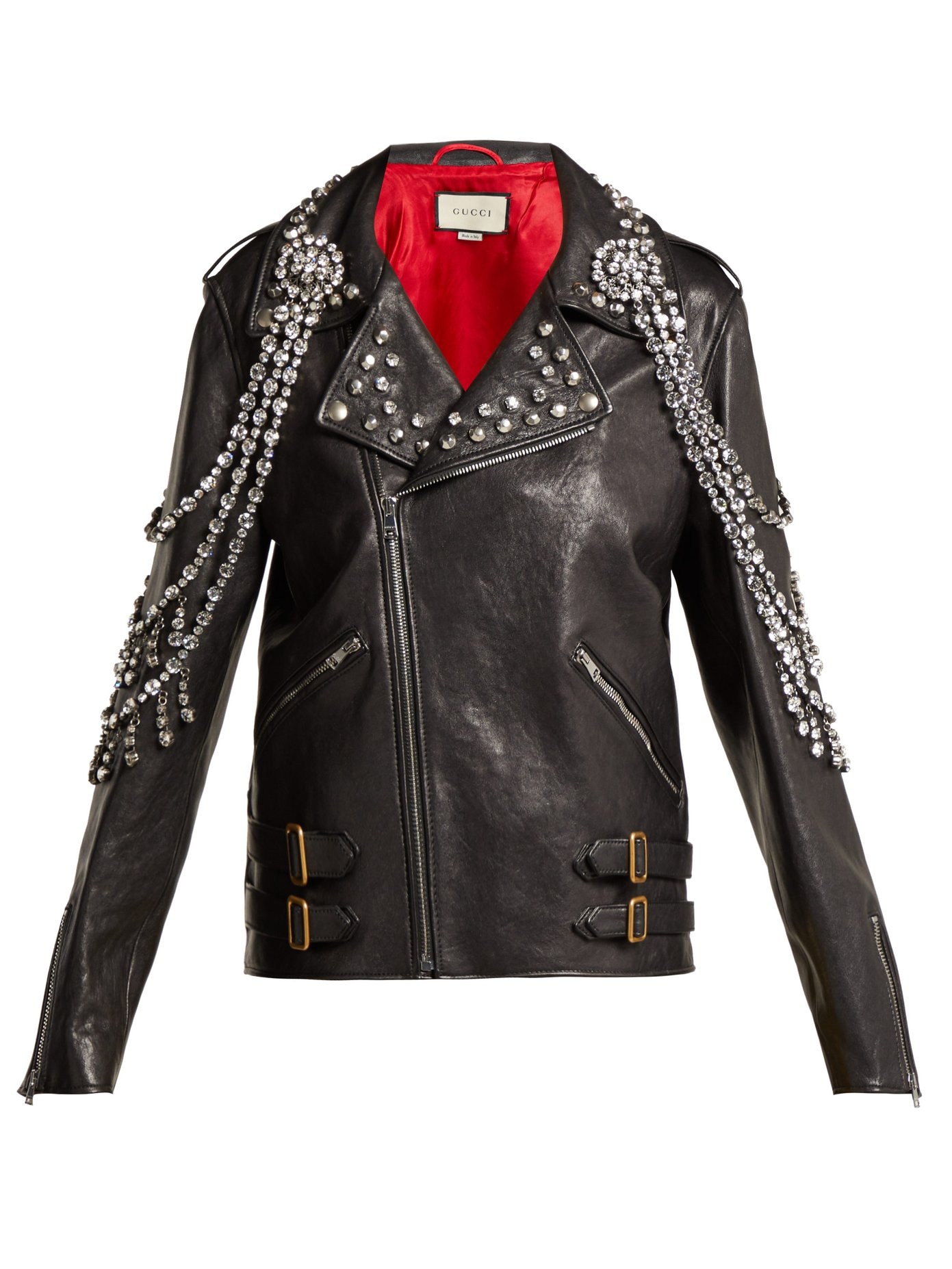 Yankees crystal-embellished leather biker jacket, Gucci from All The ...