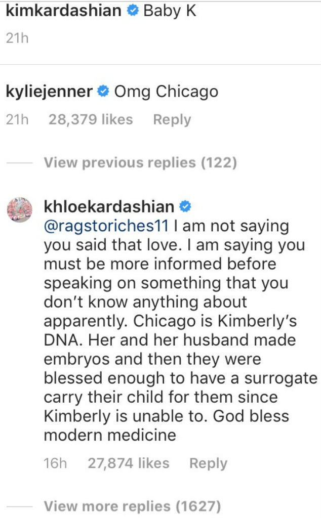 Khloe Kardashian, Instagram, Comment
