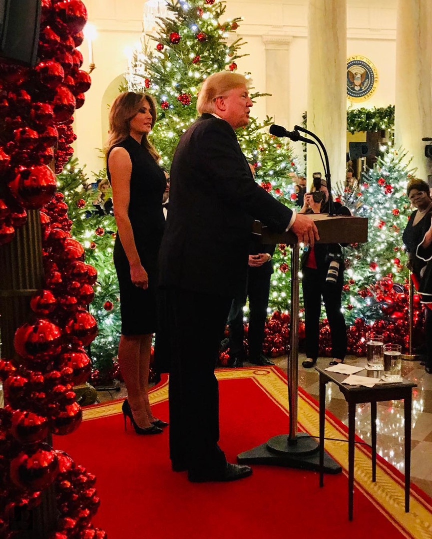 Melania Trump Dons Sleeveless Dress For White House Christmas Party E Online Ap White House Christmas Party