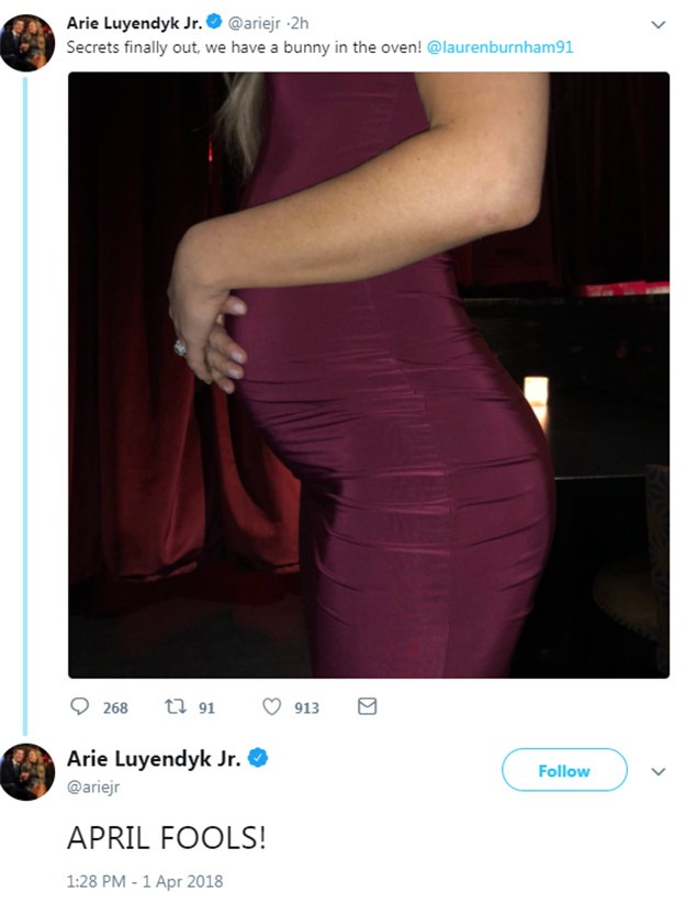 Arie Luyendyk Jr., Baby Bump, April Fool's Day