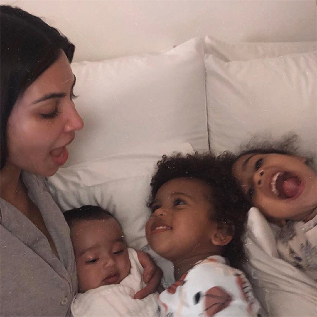 Kim Kardashian Cuddles Her 3 Kids Welcome To The Good Life E Online Kim Kardashian Cuddles Her 3 Kids Welcome To The Good Life E Online