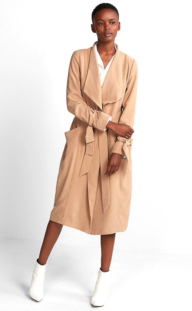 camel plaid belted flyaway trenchcoat