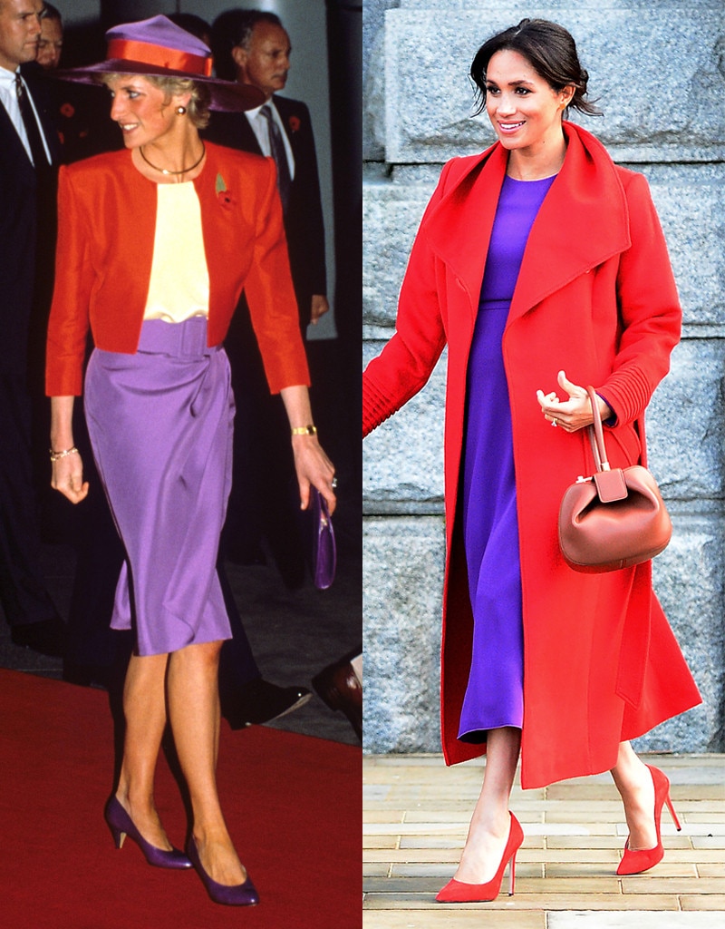 meghan markle purple dress red coat