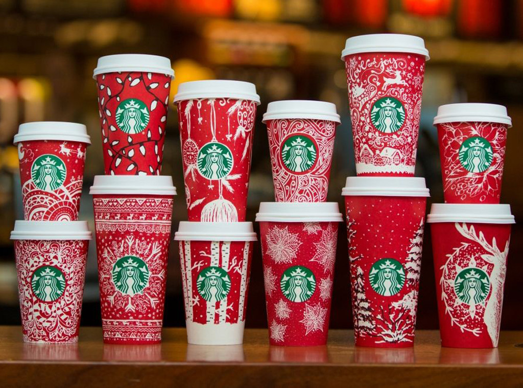 Starbucks holiday cups from previous years past on Red Cup Day