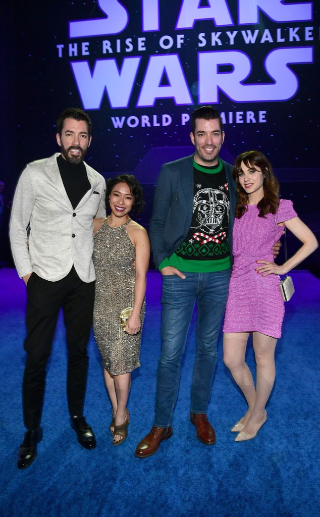 Drew Scott, Linda Phan, Jonathan Scott, Zooey Deschanel, Star Wars: The Rise of Skywalker premiere