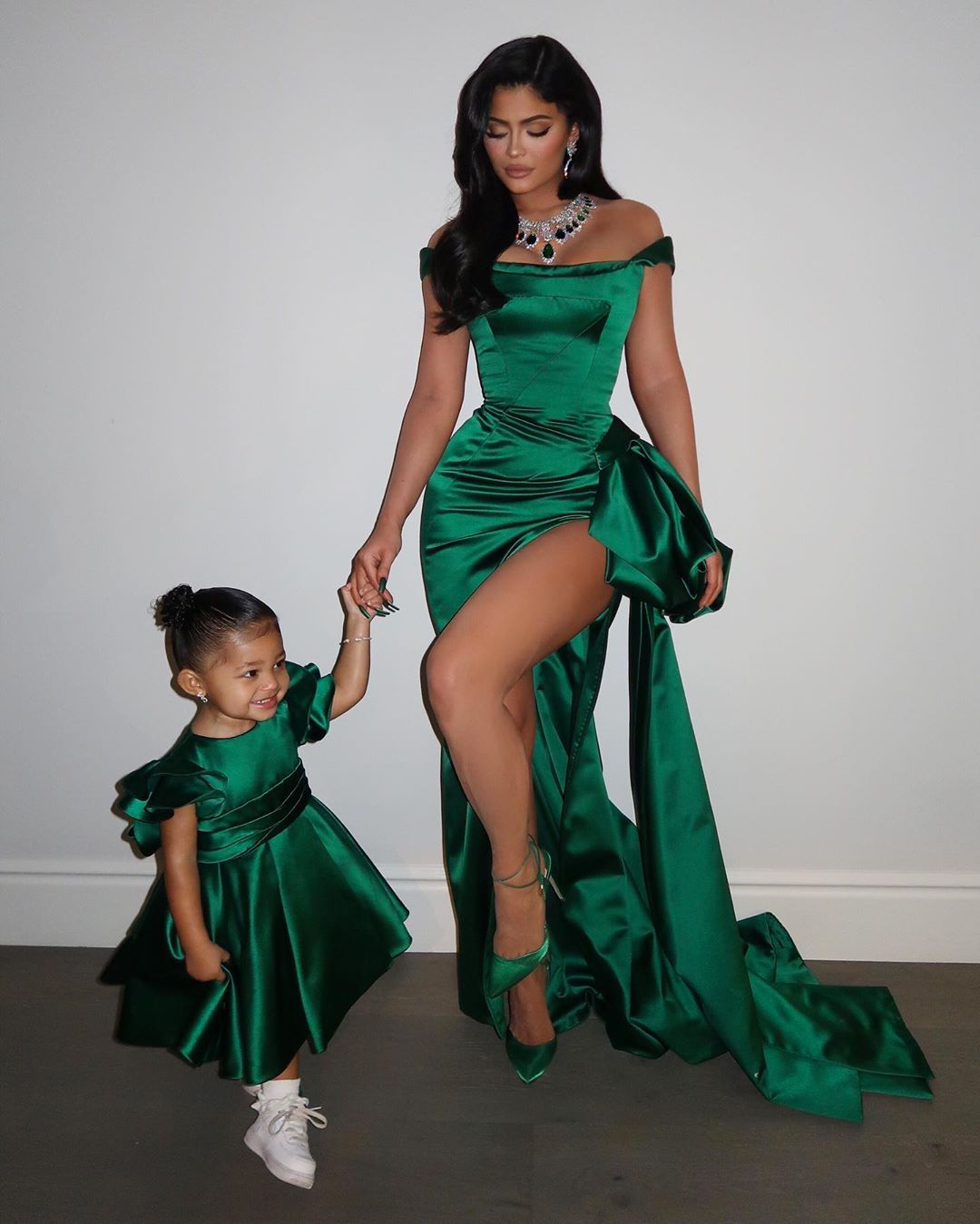 white christmas dresses Kylie Jenner Dark Green Off Shoulder Slit Dress Christmas Eve 2019