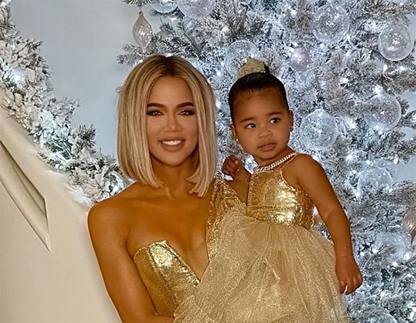 Kardashian christmas cards: take a closer look at their festive photos Khloe Kardashian and True Thompson Glitter in Gold on Christmas | E! News