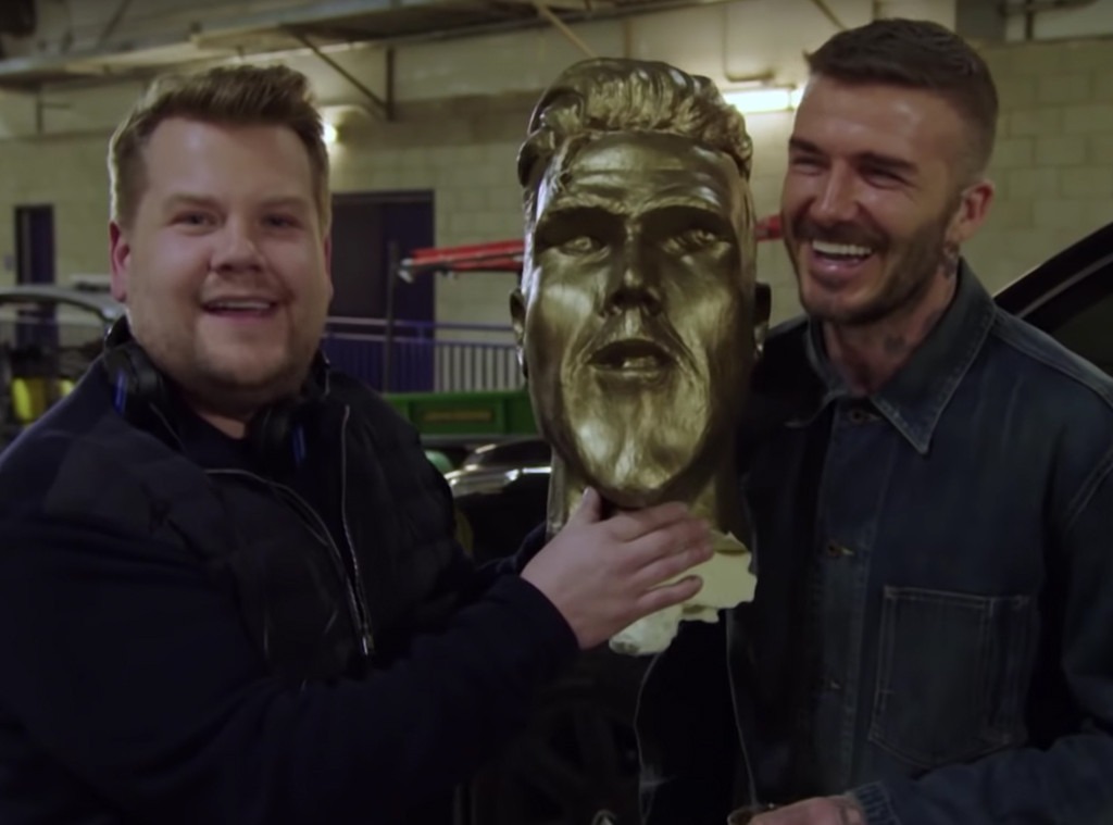 Watch James Corden Prank David Beckham With a Hilarious Fake Statue E! News