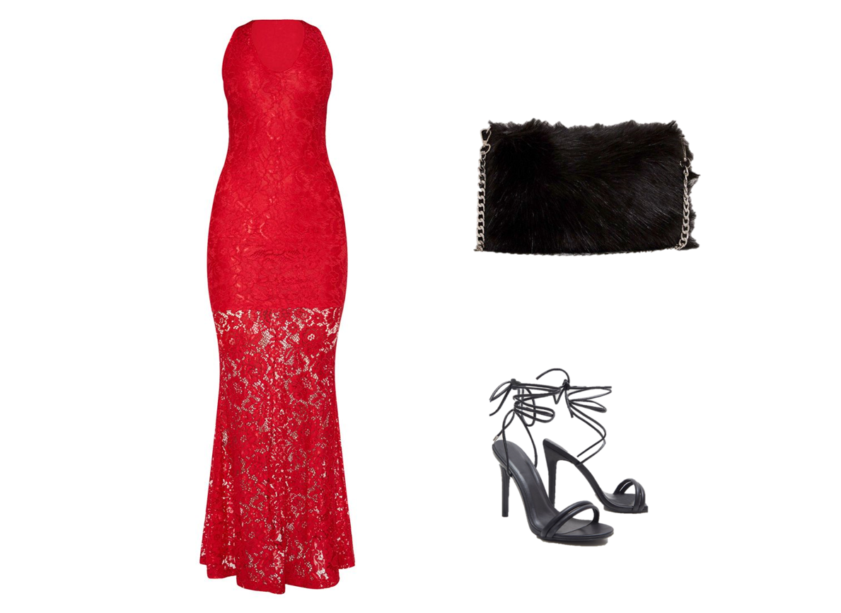 red strappy thick lace frill hem bodycon dress