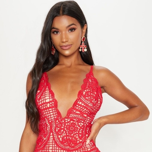 red strappy thick lace frill hem bodycon dress
